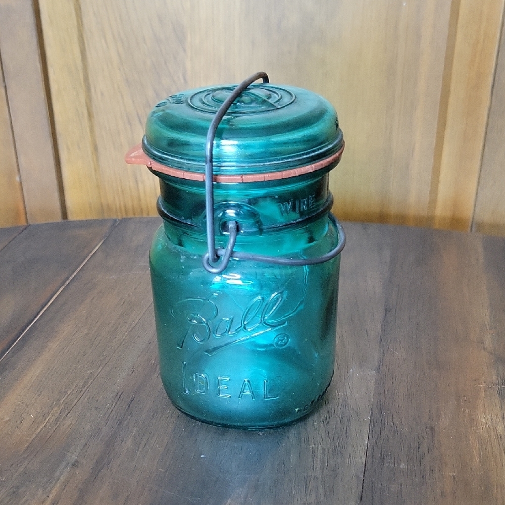 BALL IDEAL Vintage Bicentennial Ideal Teal Glass Wire Bail Mason Jar